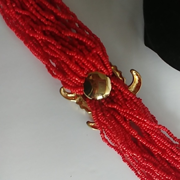 Bold Multi Strand Red Seed Bead Necklace with Turtle and Earrings Set - Picture 3 of 5